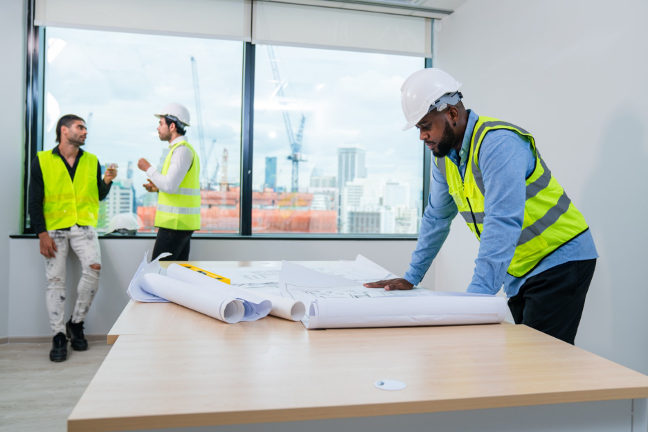 Construction professionals in safety vests and hard hats reviewing architectural plans on a table inside a commercial renovation project.